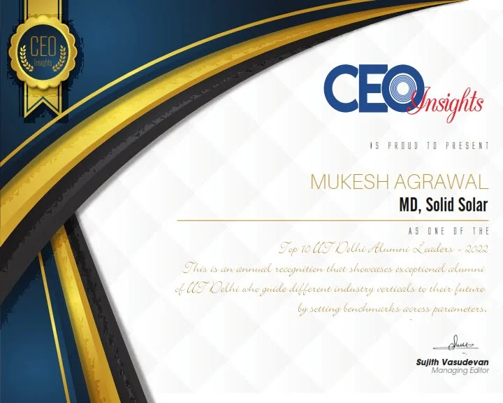 Solid Solar CEO Mukesh Agrawal Certificate